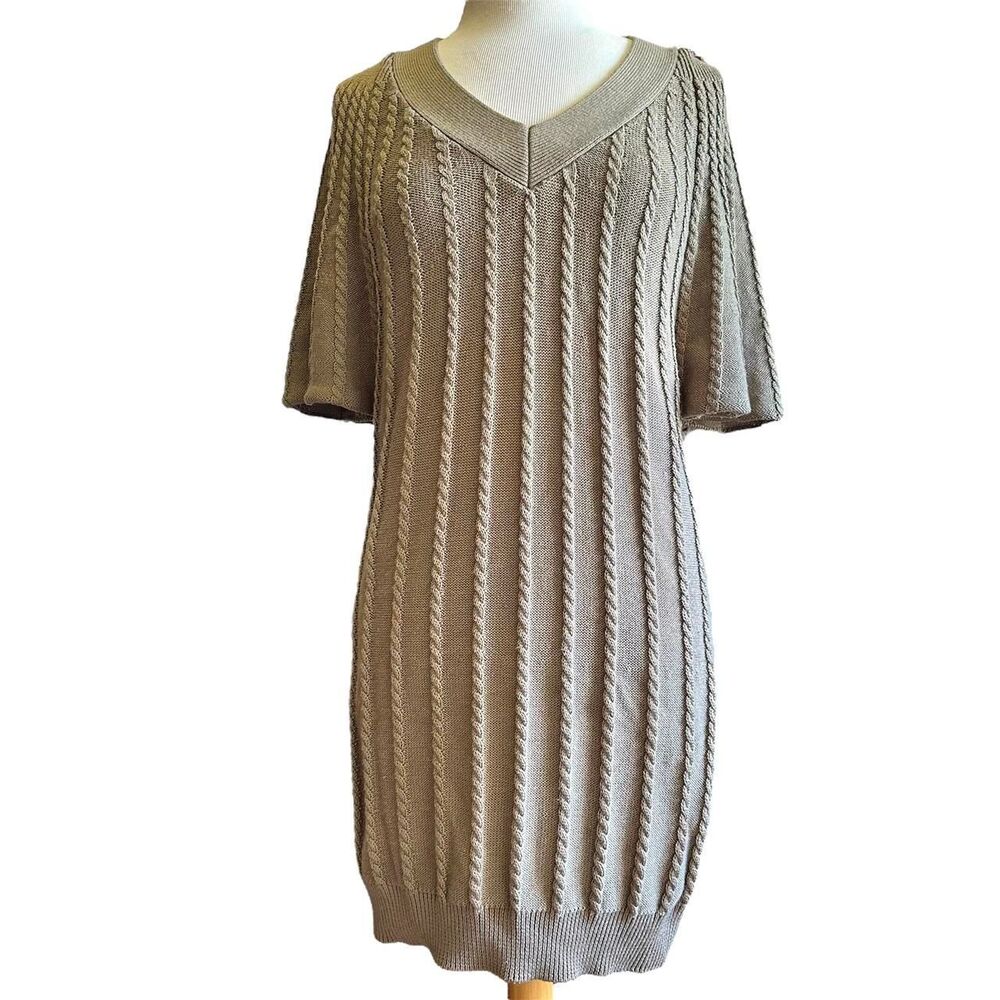 Calvin Klein Tan Cable Knit V Neck Dress Flouncy Sleeves Sz P/S‎ Sweater Dress